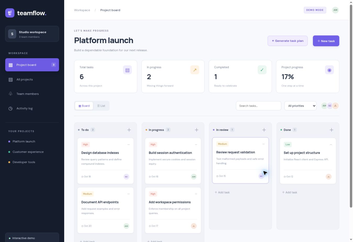 TeamFlow task board with demo tasks